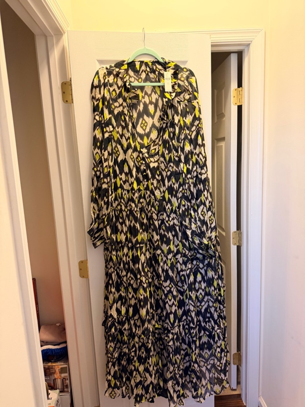 Anthropologie Long Printed Maxi Dress in Black, White & Neon Yellow